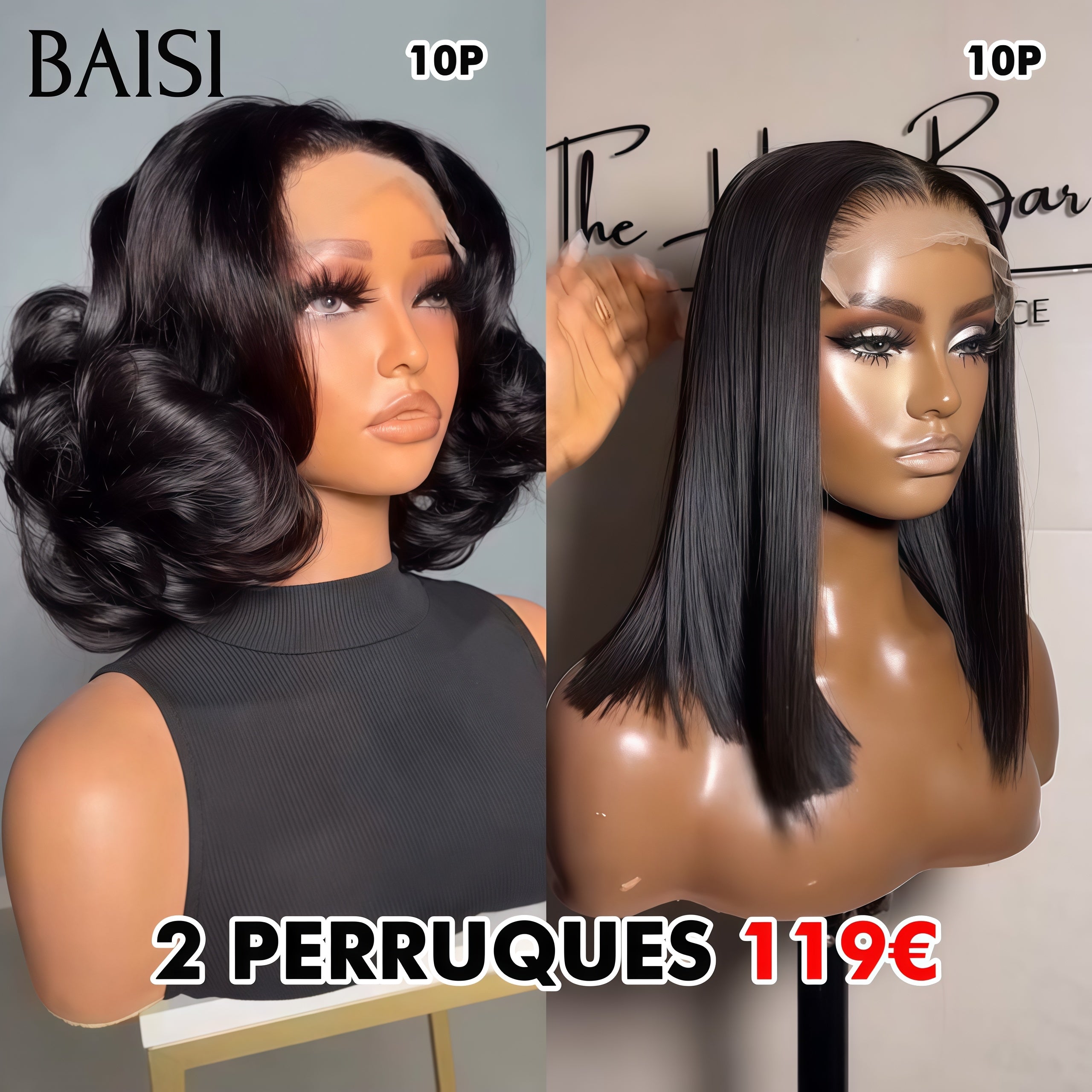 BAISI Perruques Vente Conbinée 119€ 5x5 lace closure egg wave 10 Pouces et 4x4 lace Lisse 10 Pouces en 100% Cheveux Humains