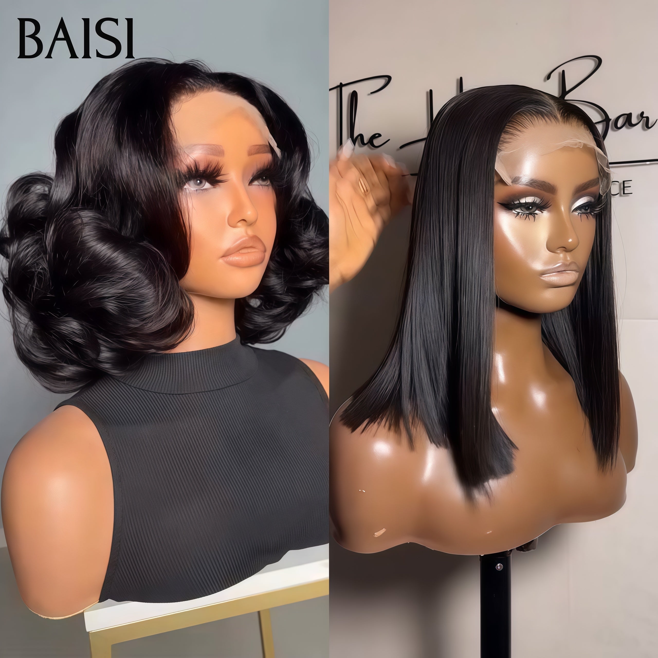 BAISI Perruques Vente Conbinée 119€ 5x5 lace closure egg wave 10 Pouces et 4x4 lace Lisse 10 Pouces en 100% Cheveux Humains