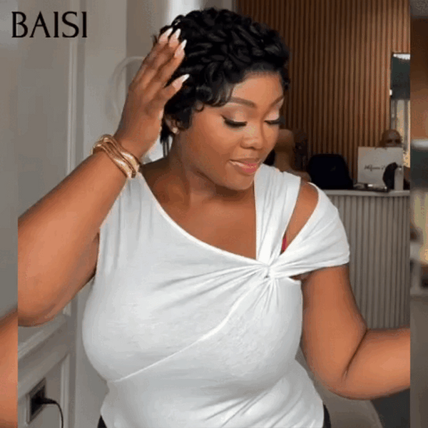 BAISI pixie avec 13X4 lace frontal Perruques Chioma finger wave noir 52€ PROMO Le plus BAS PRIX  en 100% Cheveux Humains BS80