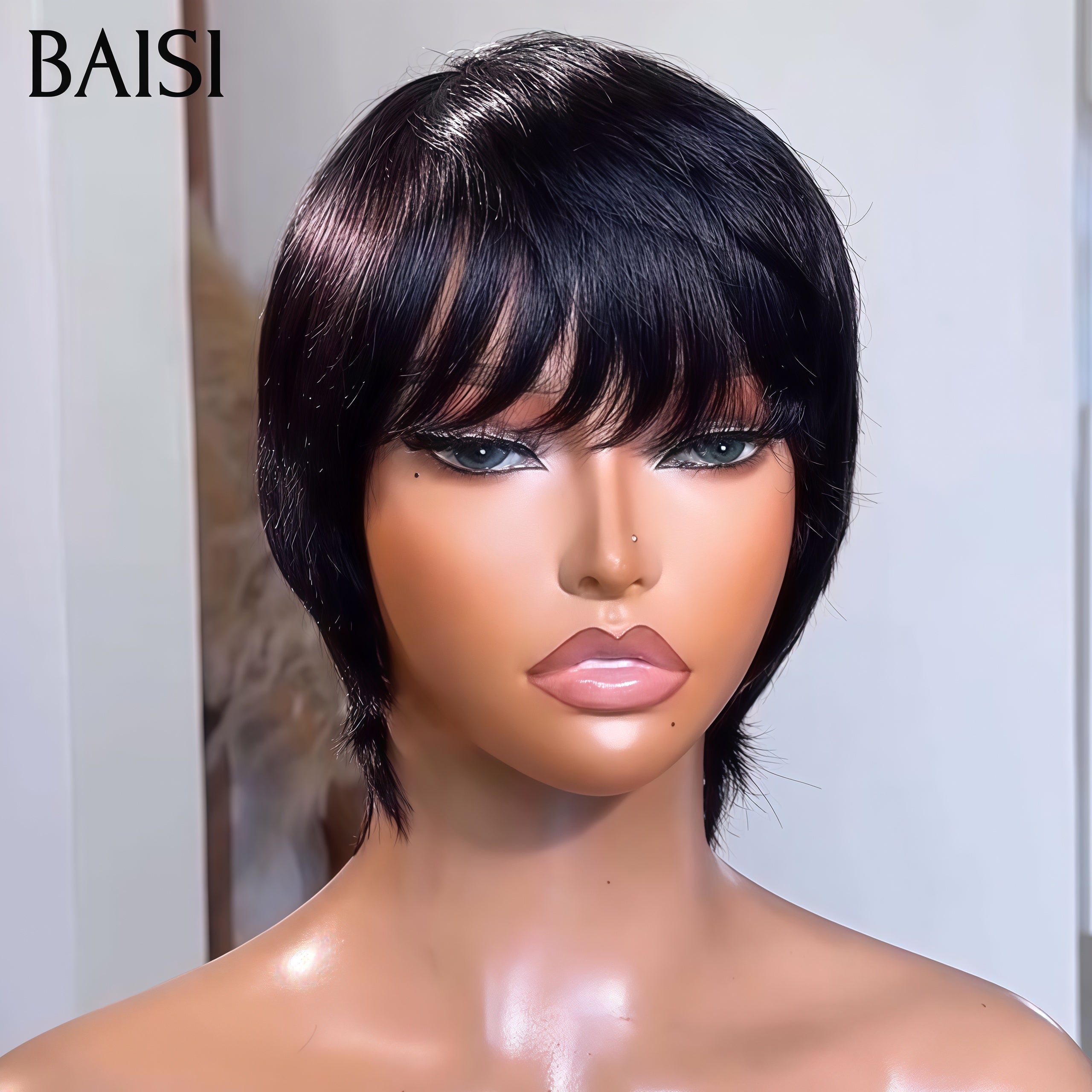 BAISI Perruque promotion pixie 38€ Lisse en France sans Colle Fabriqué à la Machine en 100% Cheveux Humains