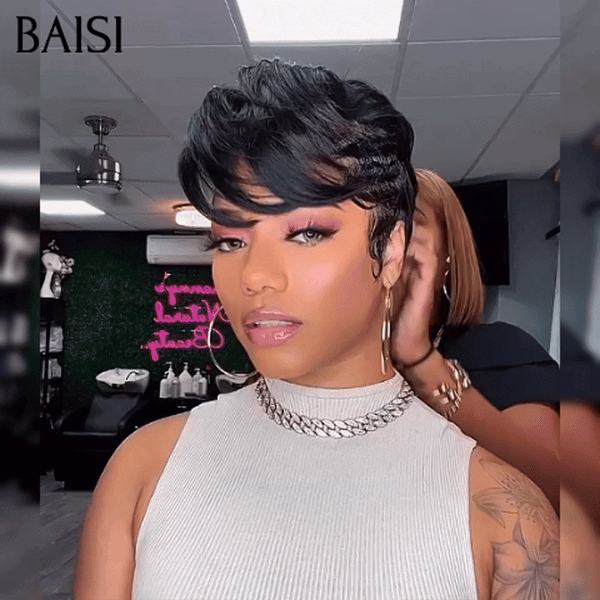 BAISI Perruque Full Lace Pixie lisse 139€ Raie sur le côté Élégant, romantique et facile à porter en Couleur Noir en 100% cheveux humains