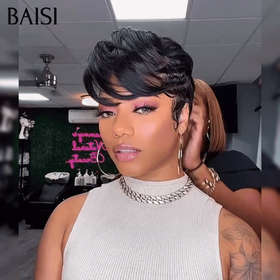 BAISI Perruque Full Lace Pixie lisse 139€ Raie sur le côté Élégant, romantique et facile à porter en Couleur Noir en 100% cheveux humains