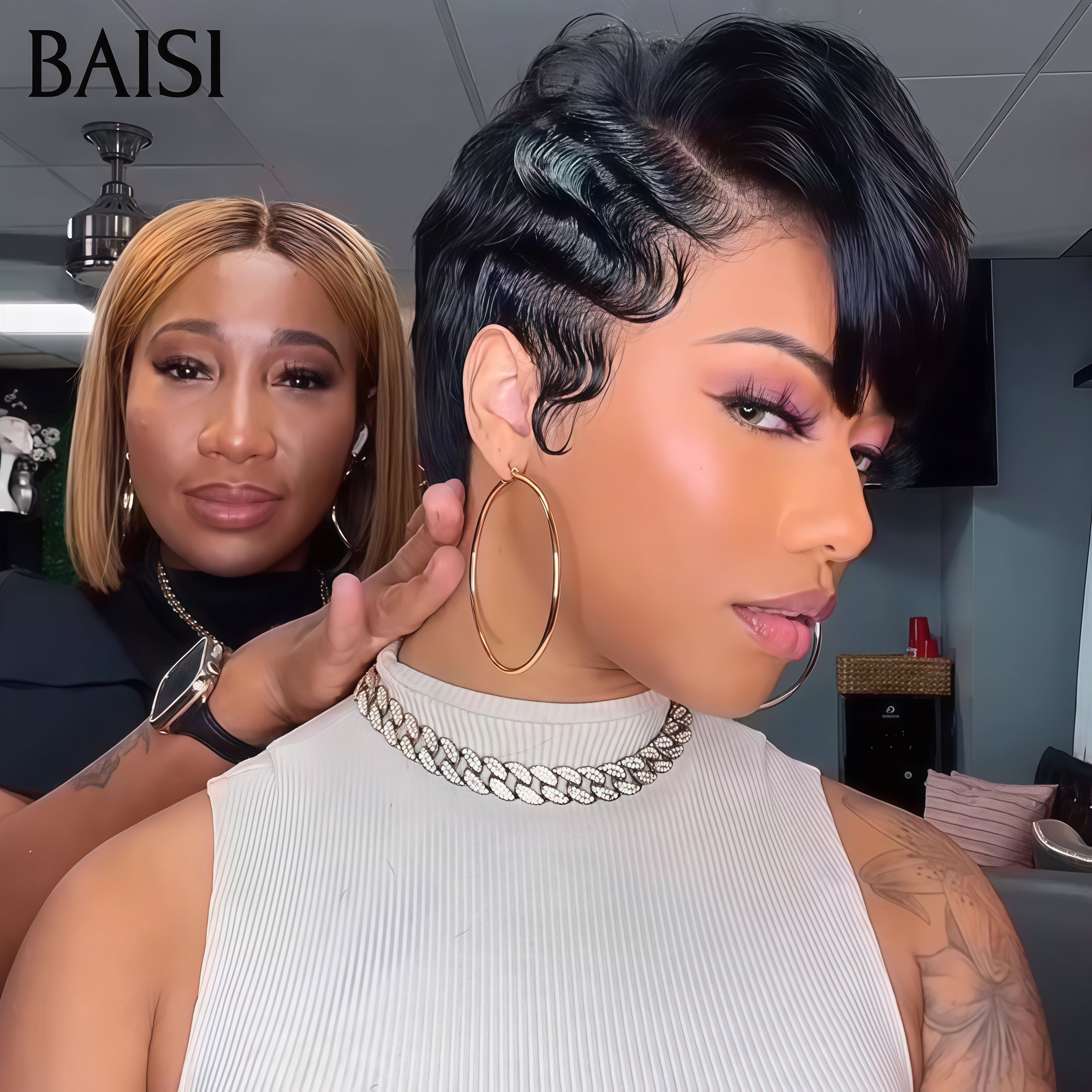 BAISI Perruque Full Lace Pixie lisse 139€ Raie sur le côté Élégant, romantique et facile à porter en Couleur Noir en 100% cheveux humains