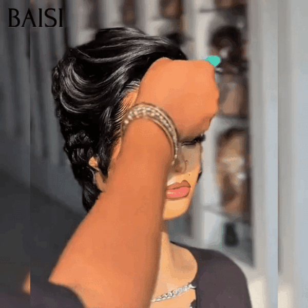 BAISI Perruque Nouvelle arrivée 55€ Avec Frontale 13x4 lace Pixie petite coupe NOIR en France En 100% Cheveux Humains