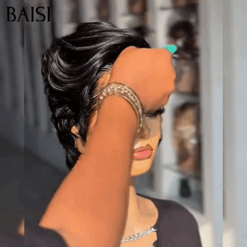 BAISI Perruque Nouvelle arrivée 55€ Avec Frontale 13x4 lace Pixie petite coupe NOIR en France En 100% Cheveux Humains
