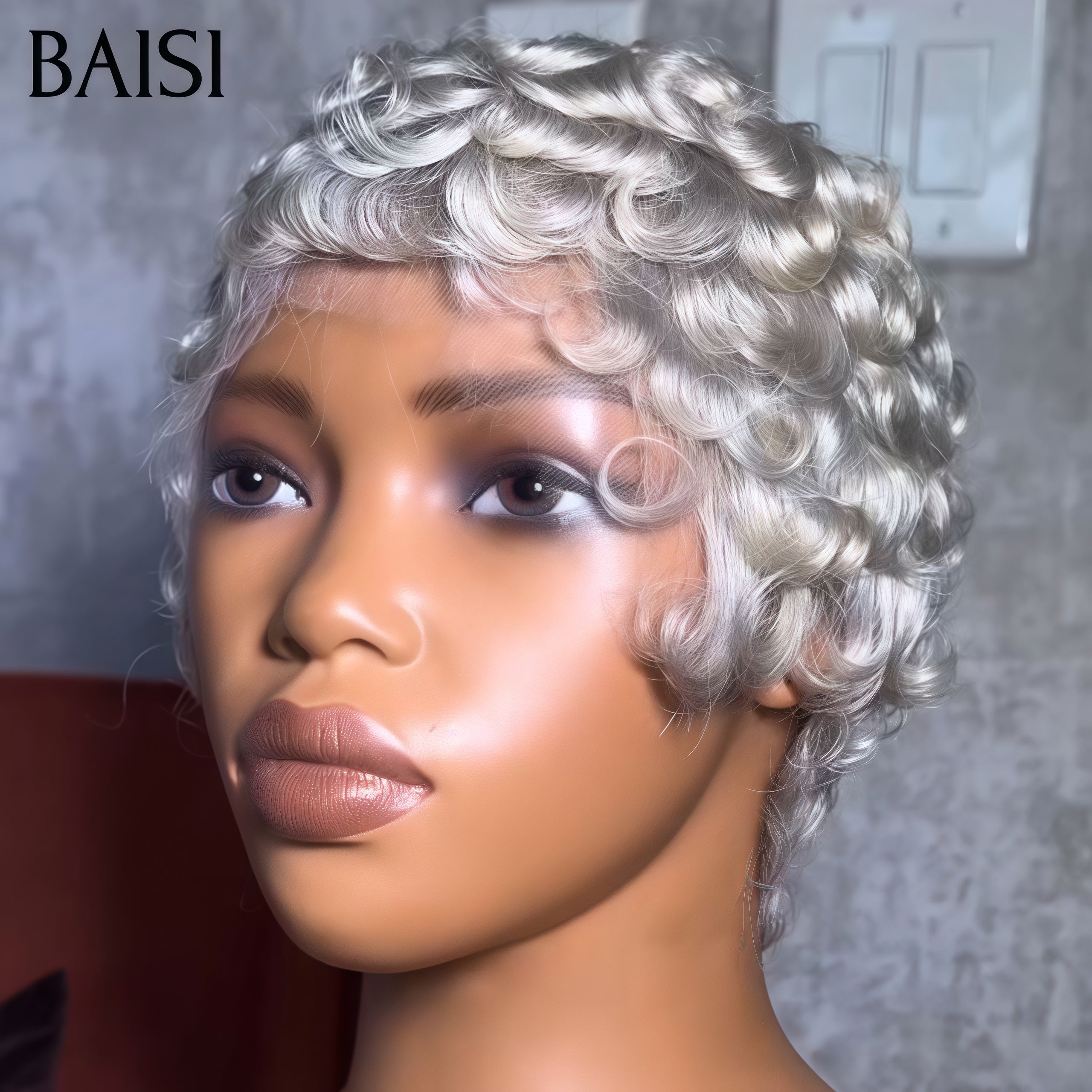 BAISI Collection Perruques Poivre et Sel 69€ Perruques Chioma Pixie Finger Wave petite coupe fabriqué à la machine couleur argent En 100% Cheveux Humains