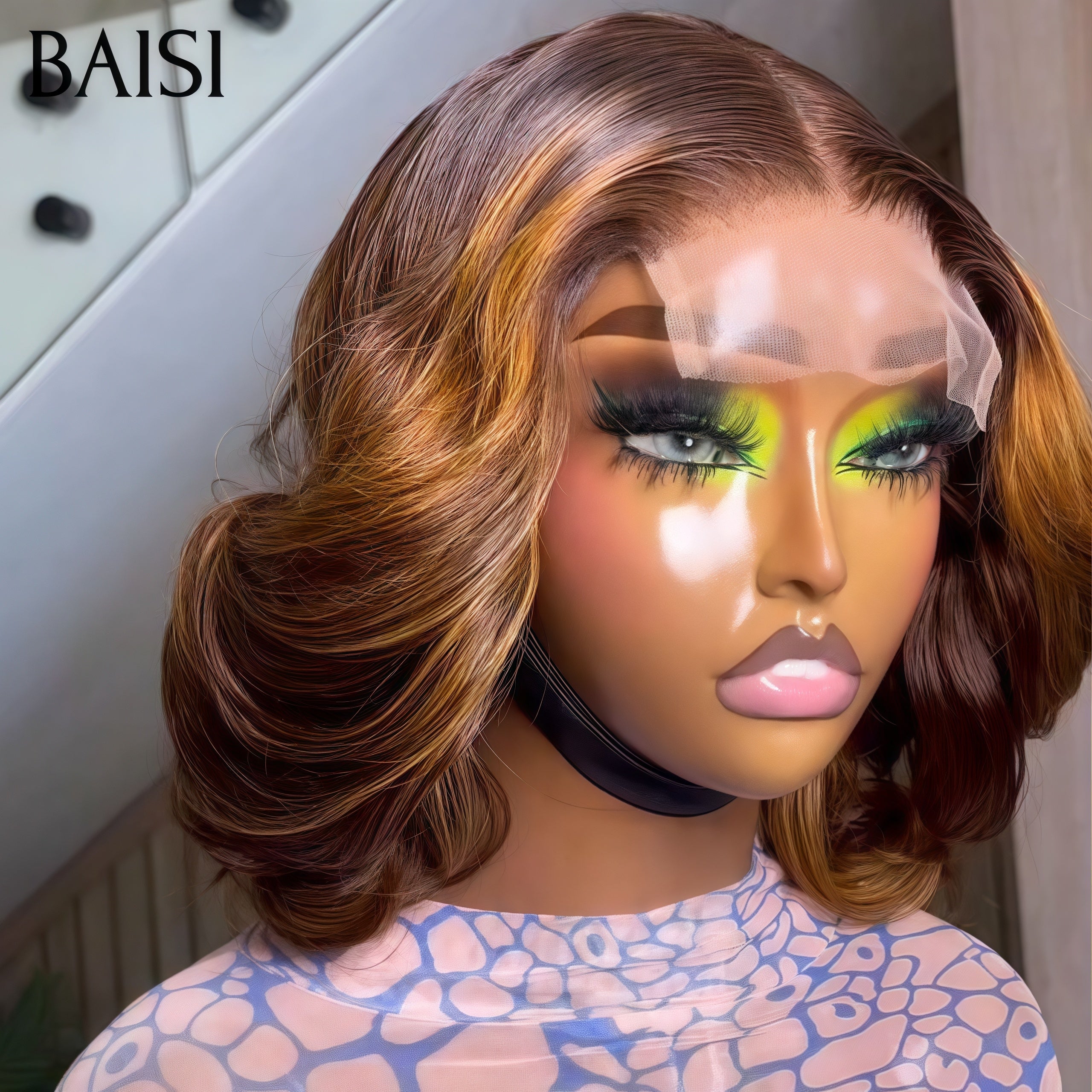 BAISI Perruque pixie lace closure Bouclée Egg Wave 55€ Moitié Prix en couleur Marron Mixte Miel En 100% Cheveux Humains