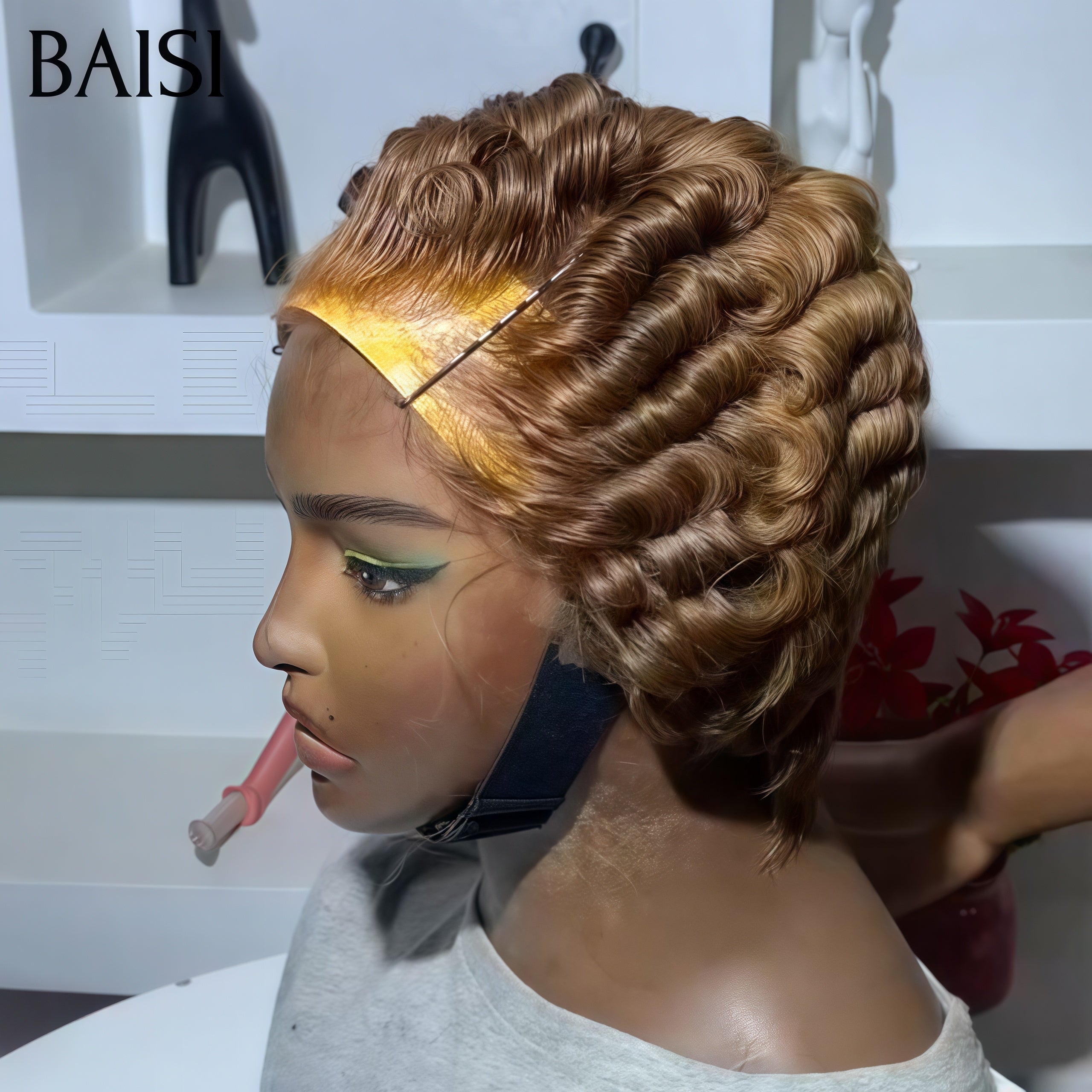 BAISI Perruque Chioma finger wave Avec Frontale lace Pixie petite coupe 59€ couleur marron En 100% Cheveux Humains