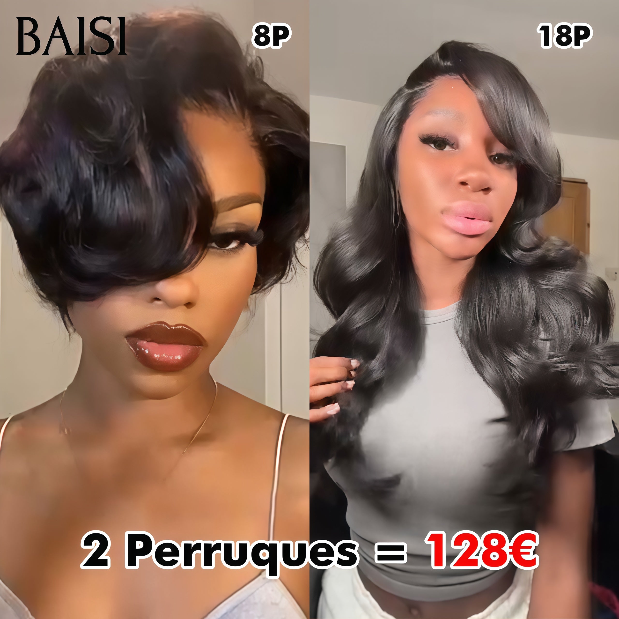 BAISI vente flash 2 perruques 128 euro 4X4 lace pixie NOIR et 13x4 frontal Body wave 18 Pouces en 100% Cheveux Humains