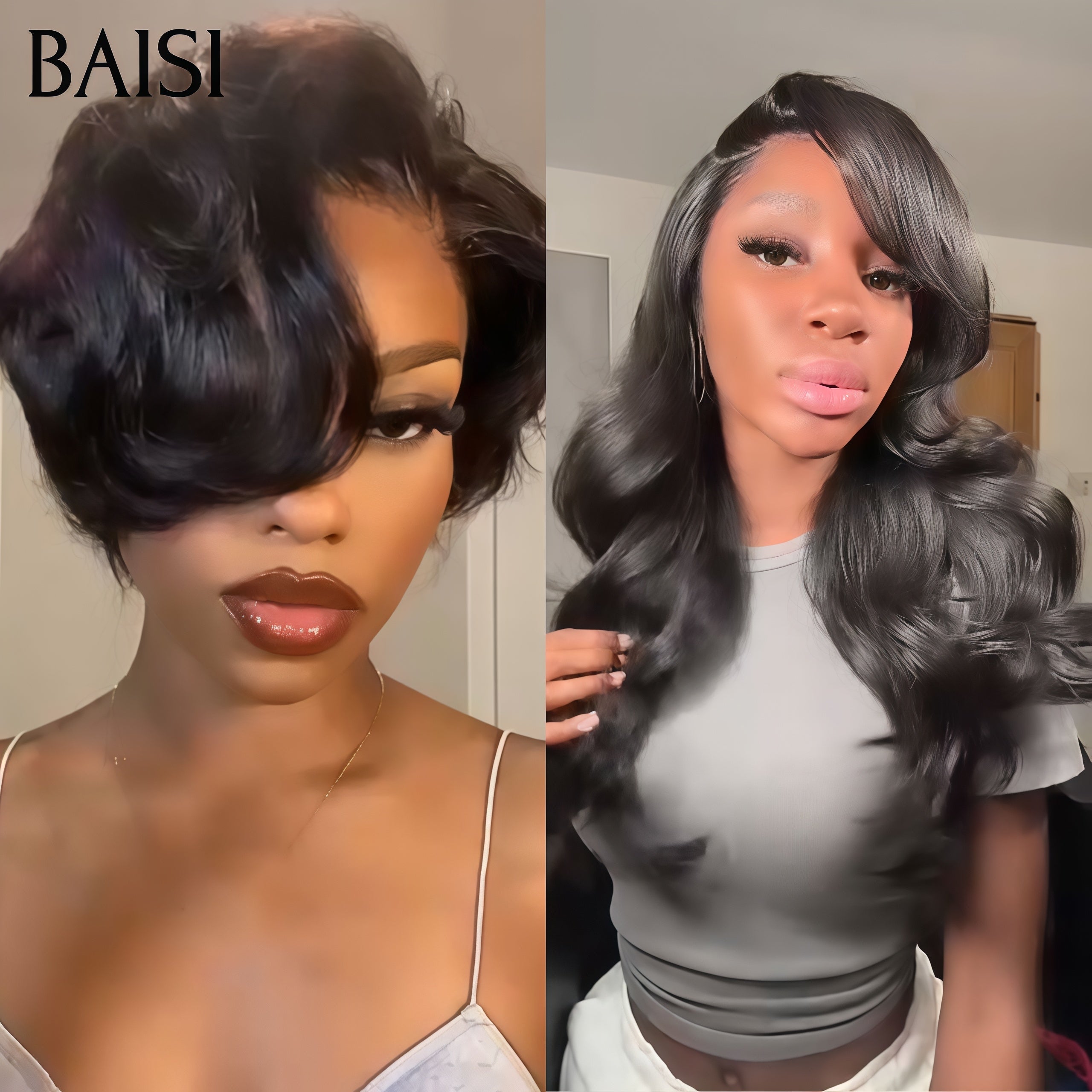 BAISI vente flash 2 perruques 128 euro 4X4 lace pixie NOIR et 13x4 frontal Body wave 18 Pouces en 100% Cheveux Humains