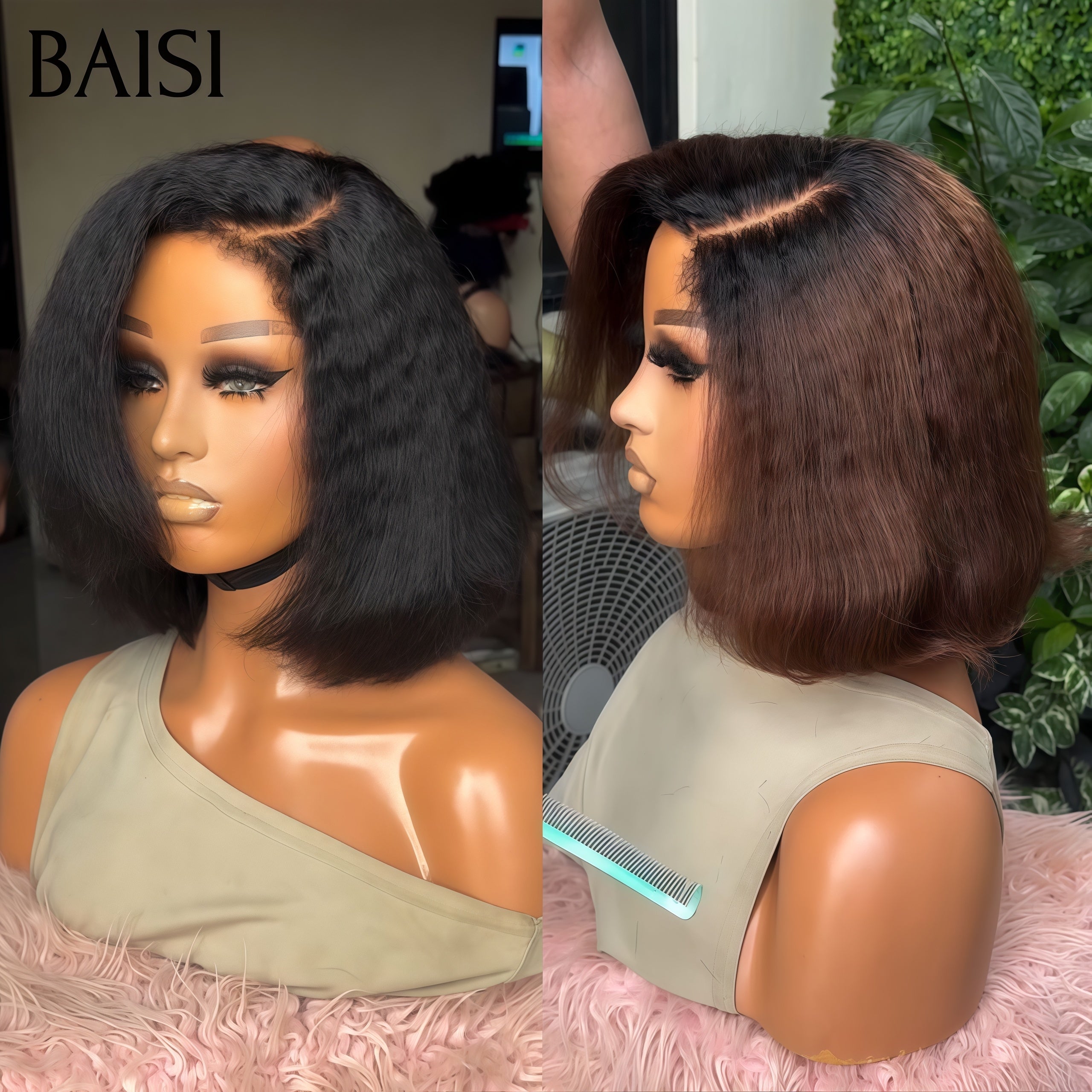 BAISI HAIR FR 2 Perruques en Gros 149€ au Prix D'usine Trop Abordable 13x4 lace frontal kinky straight 10 Pouces Marron et NOIR 100% Cheveux Humains