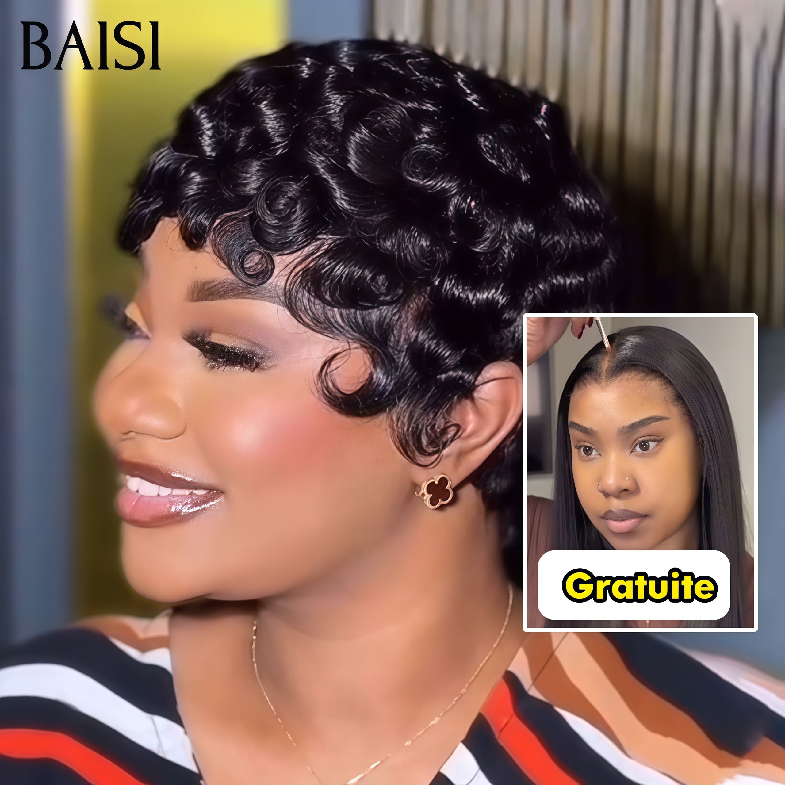 BAISI Achetez 1 +1 Gratuite= 109€ 4x4 lace closure Lisse 18 Pouces et sans Colle pixie finger wave en 100% vrais cheveux humains