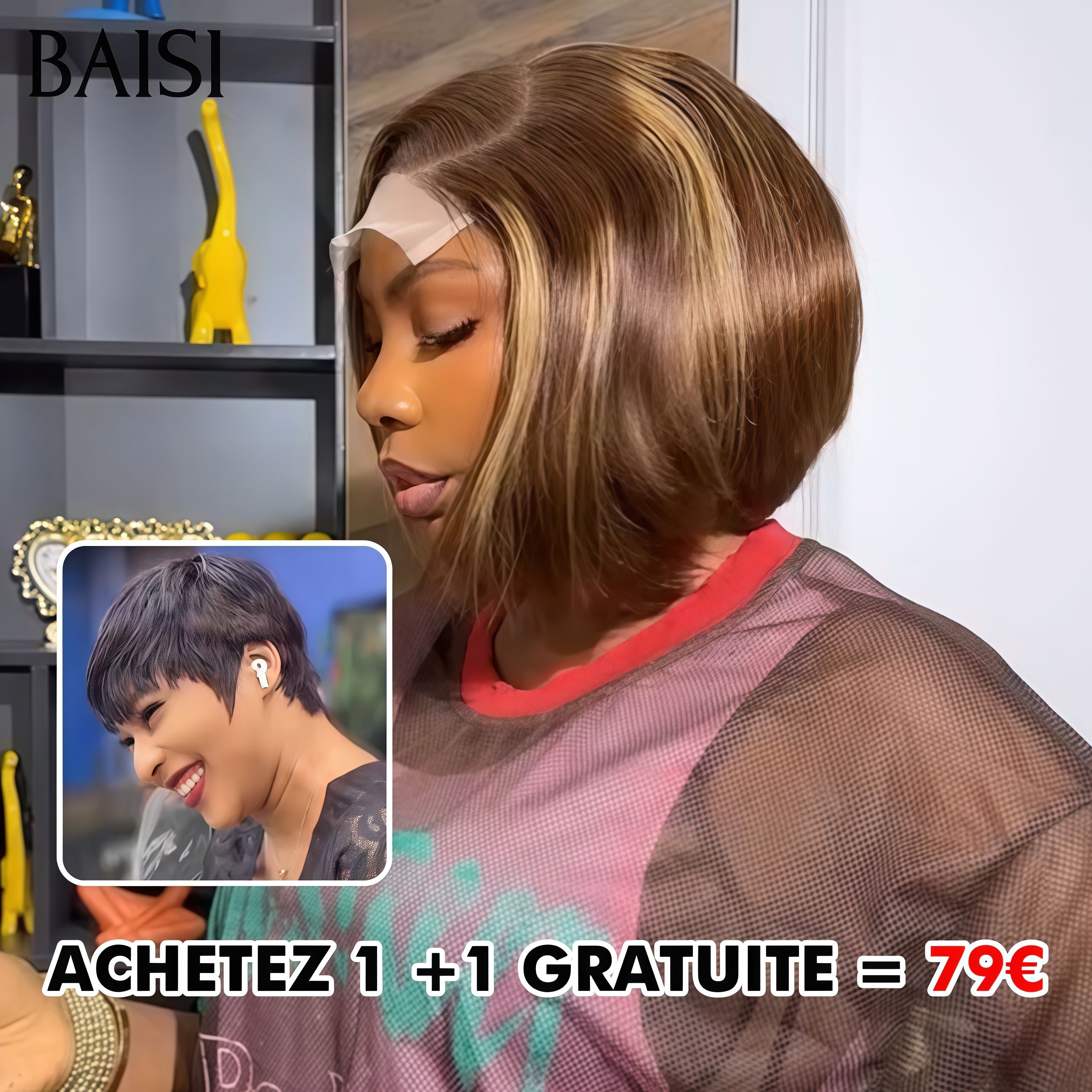 BAISI Achetez 1 +1 Gratuite = 79€ lace closure pixie Lisse en couleur Marron Mixte Miel et sans Colle Lisse NOIR en 100% vrais cheveux humains