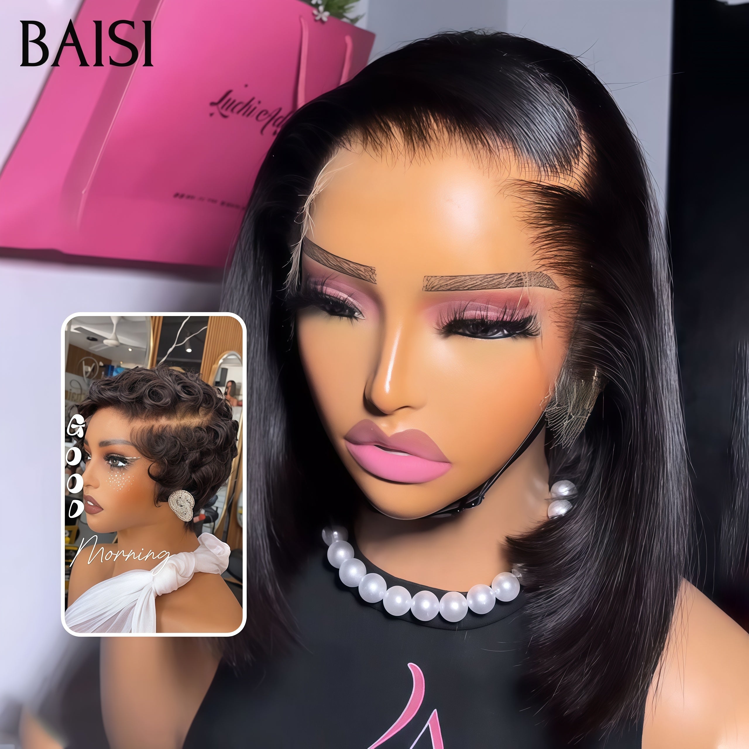 BAISI HAIR FR Achetez 1 +1 Gratuite = 99€ bob 13x4 lace lisse 10 pouces et pixie sans colle finger wave noir En 100% Cheveux Humains