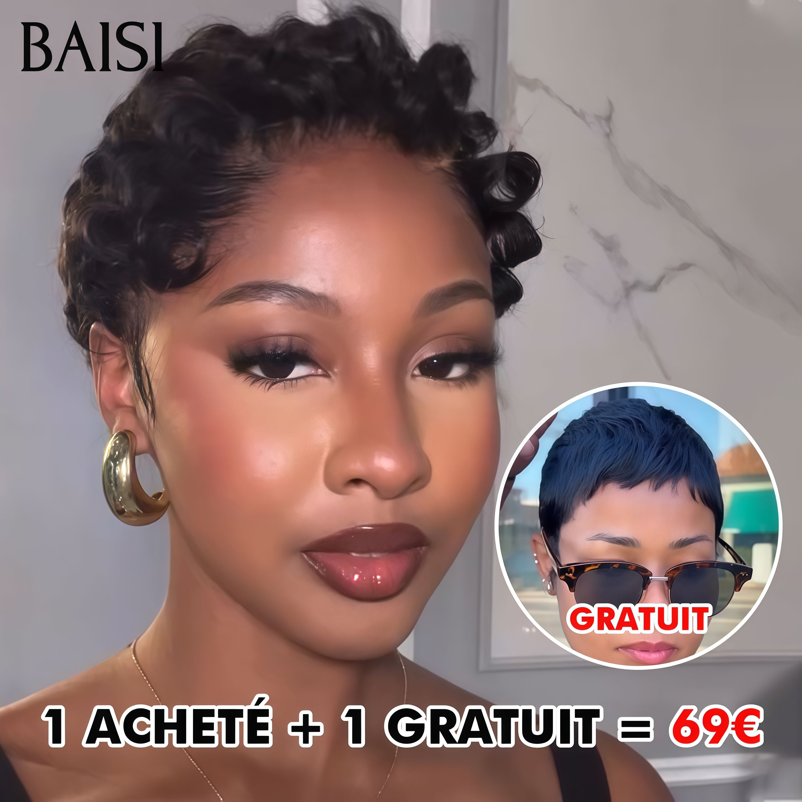 BAISI1 Acheté + 1 Gratuit = 69€ 13x4 lace frontal finger wave et sans Colle Lisse  en 100% vrais cheveux humains