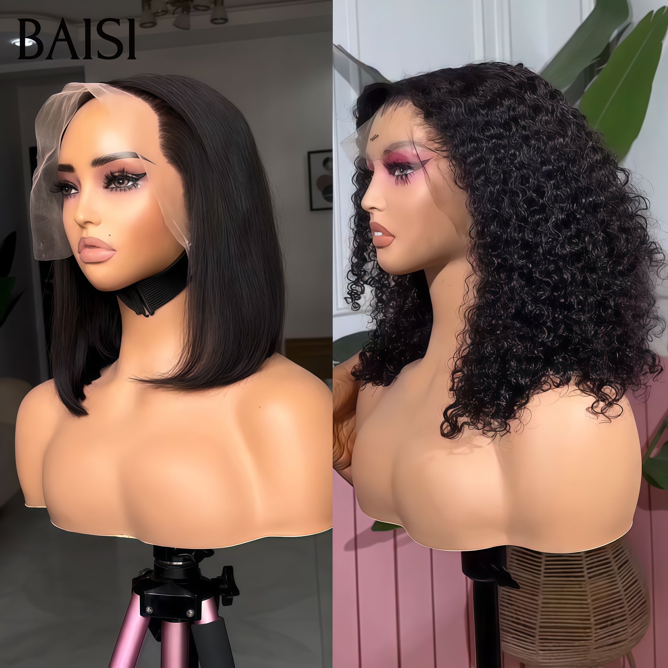 BAISI 2 Perruques 139€ 13x4 lace frontal Lisse 10 Pouces et curly wave 18 Pouces en 100% vrais cheveux humains