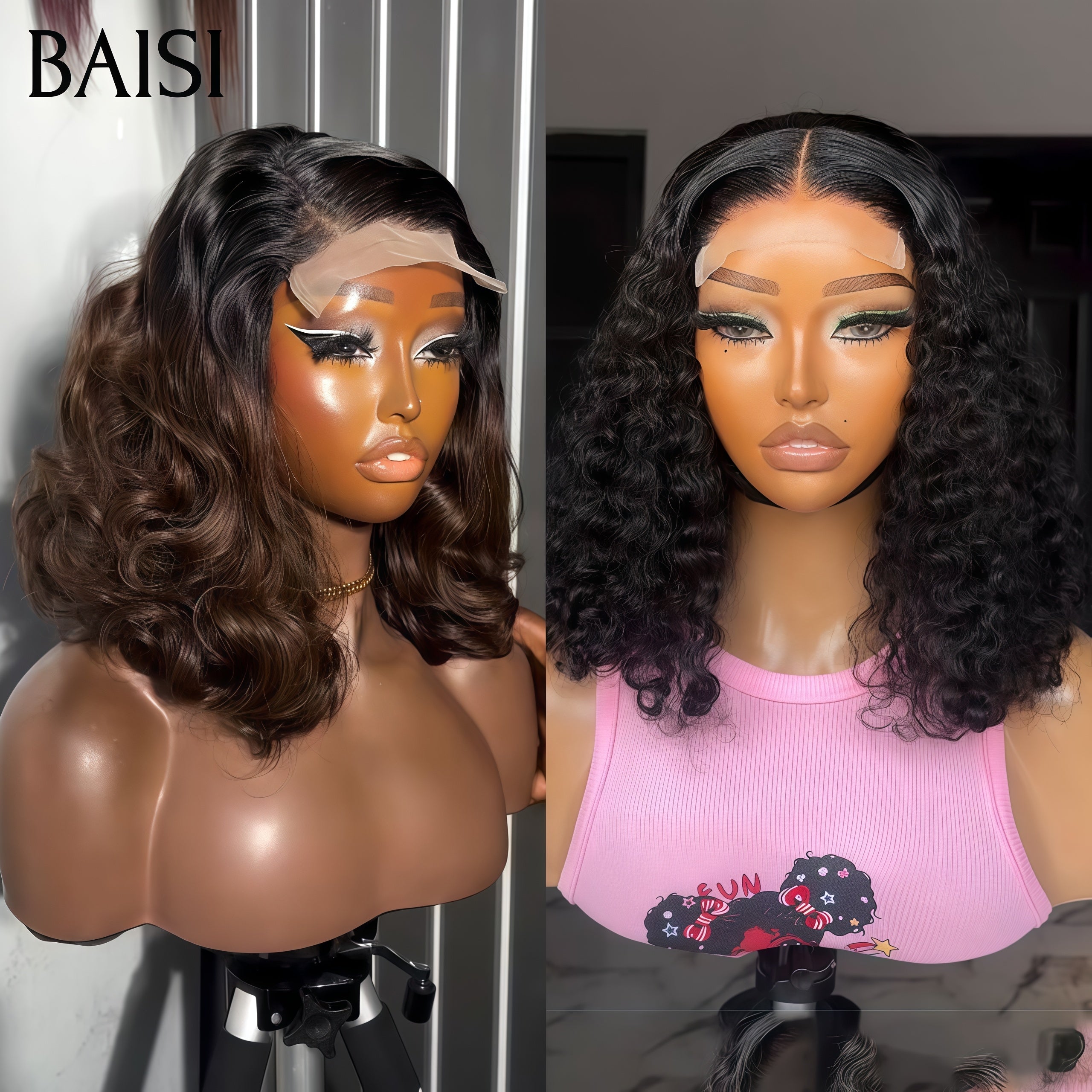 BAISI vente flash 2 perruques en Promo 162€ 5x5 lace egg wave 1BT4# 12 Pouces et 4x4 lace curly wave moitié prix en 100% vrais cheveux humains mp50