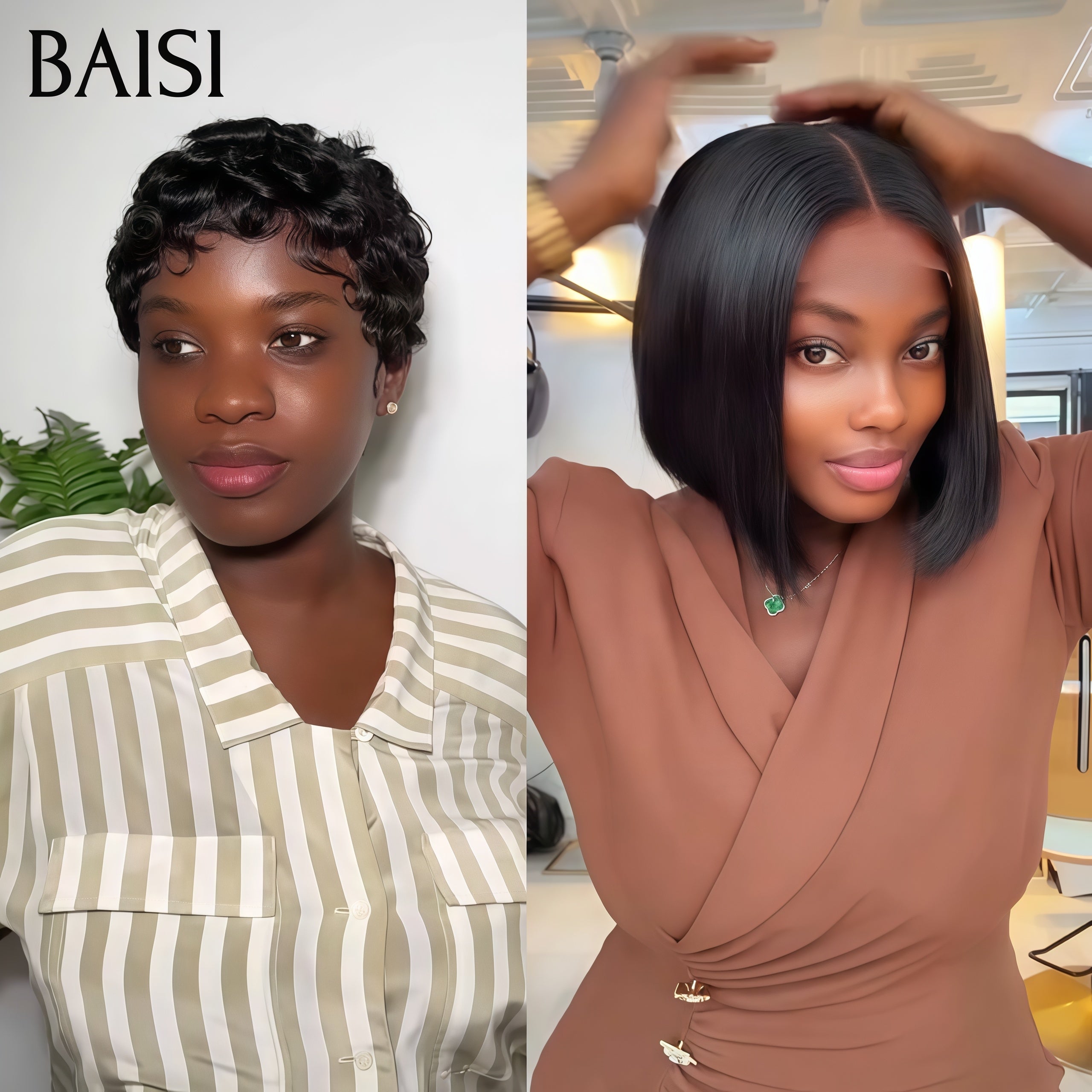 BAISI 2 Perruques 79€ Sans Colle Facile à Porter finger wave et 4x4 lace 8 Pouces Lisse en 100% vrais cheveux humains