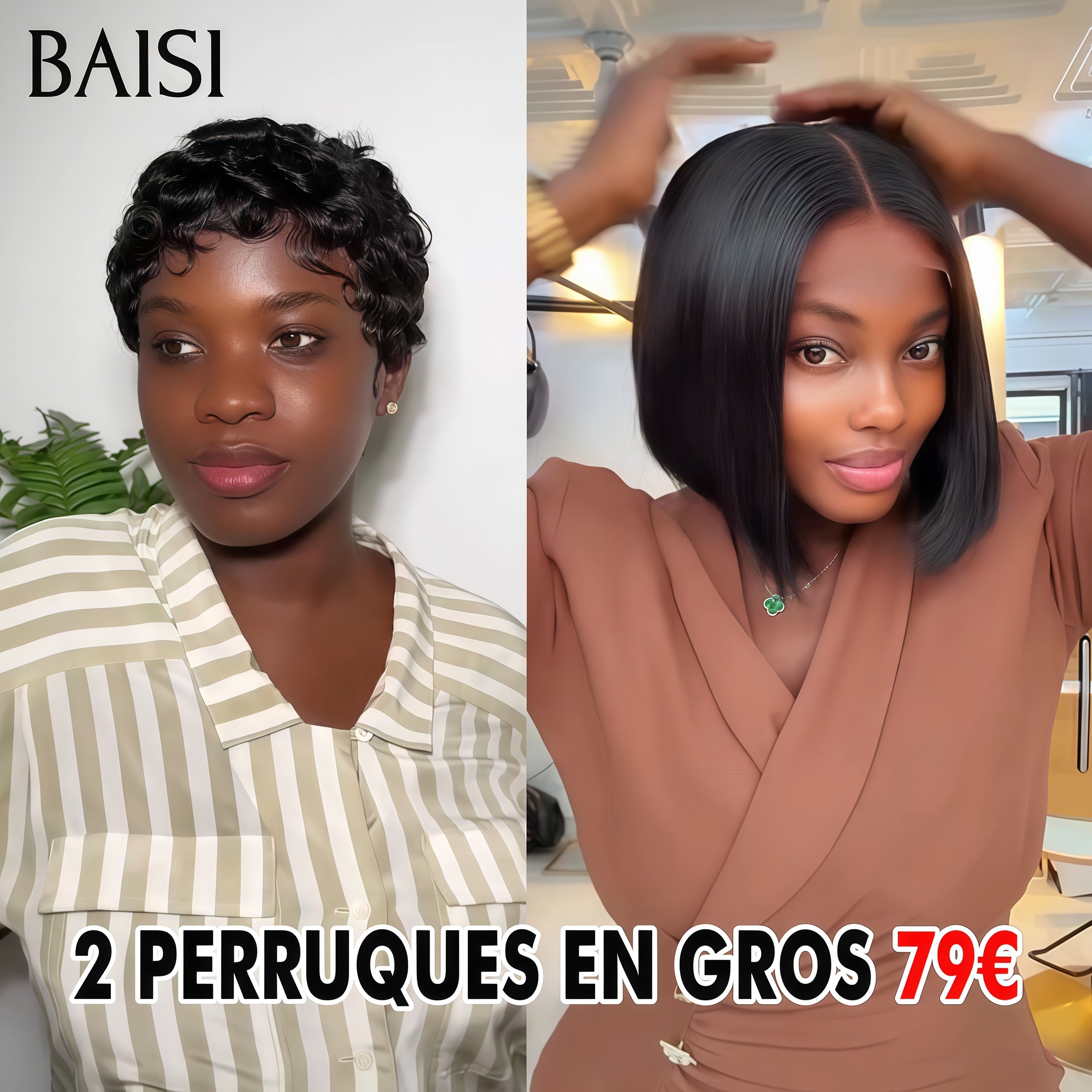 BAISI 2 Perruques 79€ Sans Colle Facile à Porter finger wave et 4x4 lace 8 Pouces Lisse en 100% vrais cheveux humains