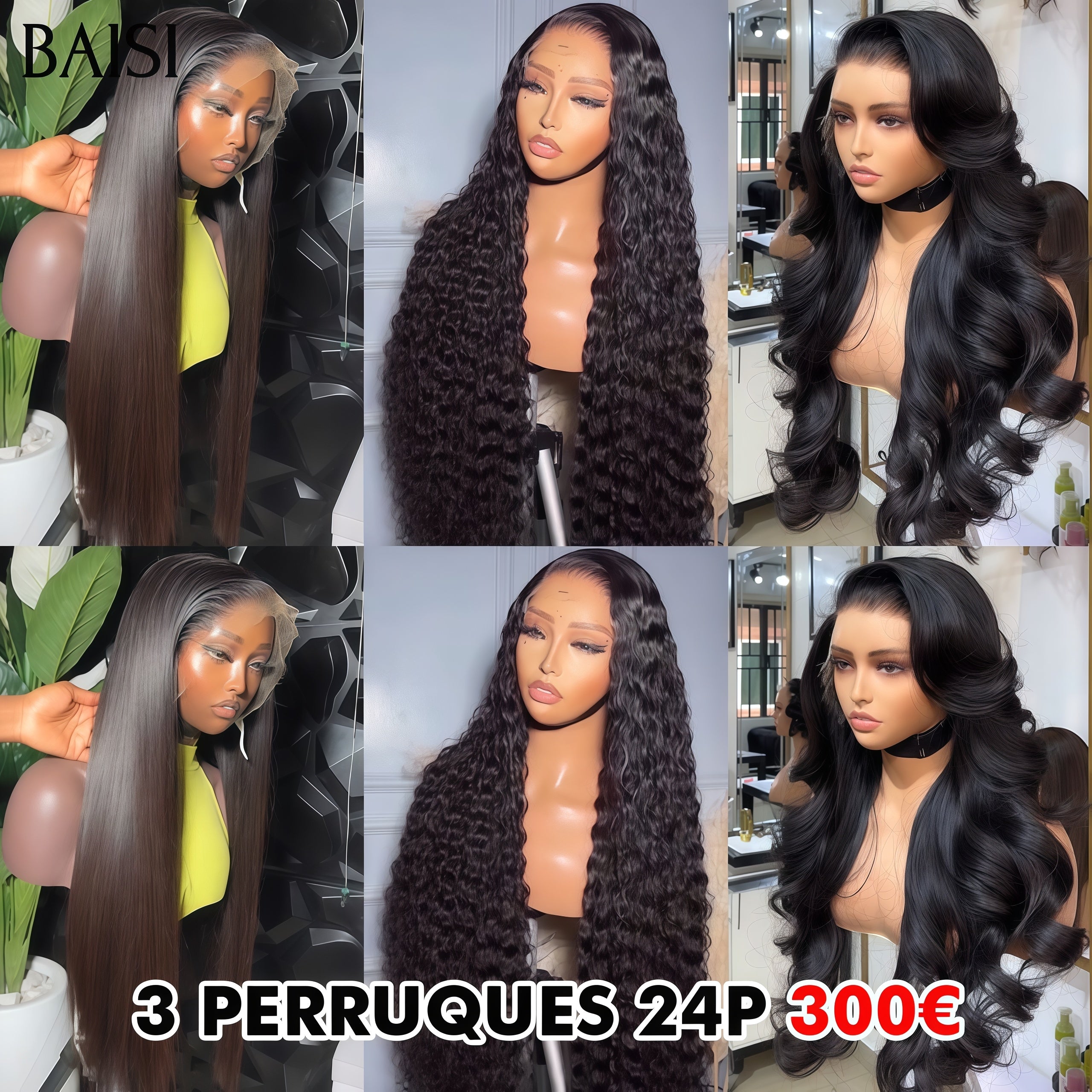 BAISI 3 Perruques 300€ 13x4 lace frontal Lisse et curly wave et Body wave 24 pouces en 100% vrais cheveux humains