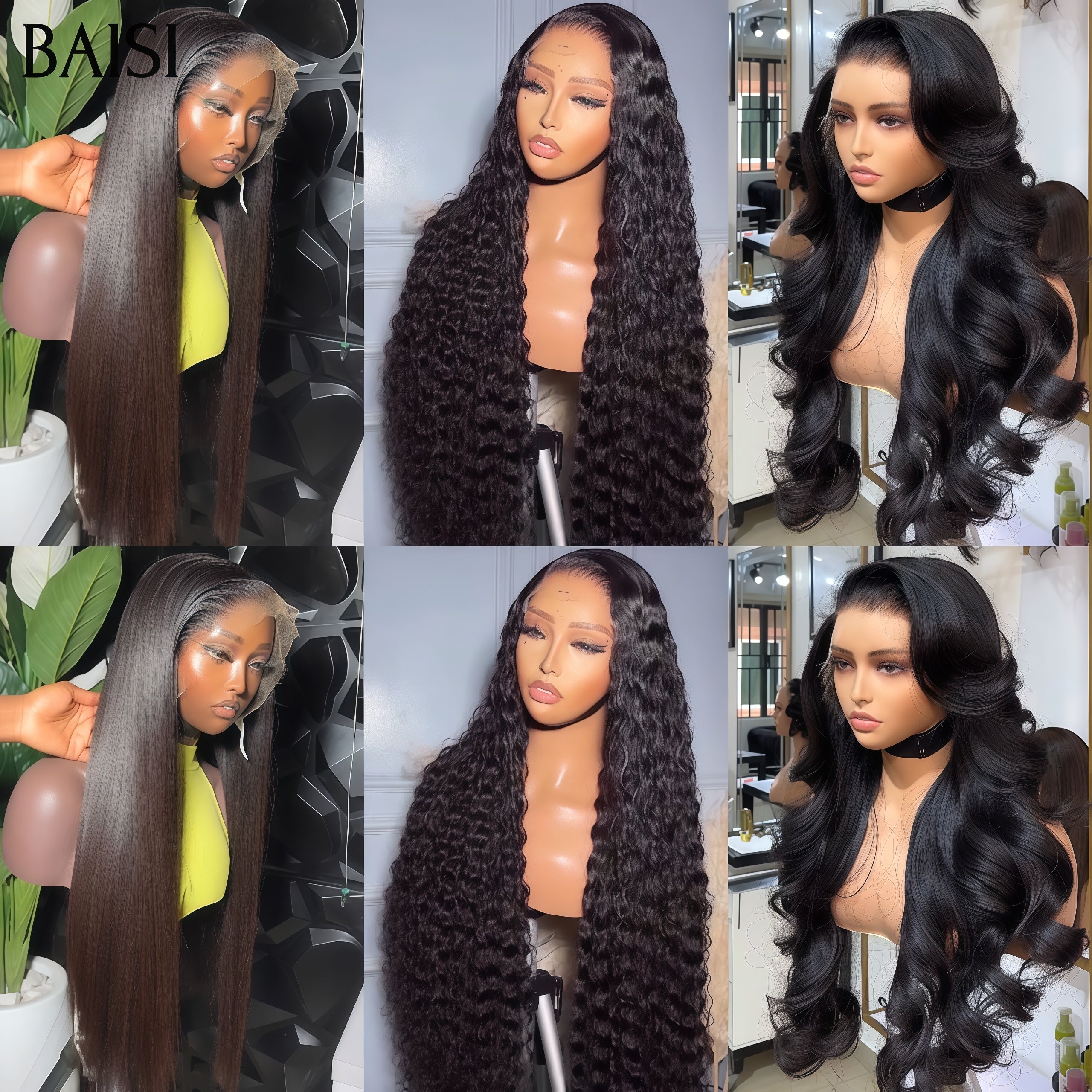 BAISI 3 Perruques 300€ 13x4 lace frontal Lisse et curly wave et Body wave 24 pouces en 100% vrais cheveux humains