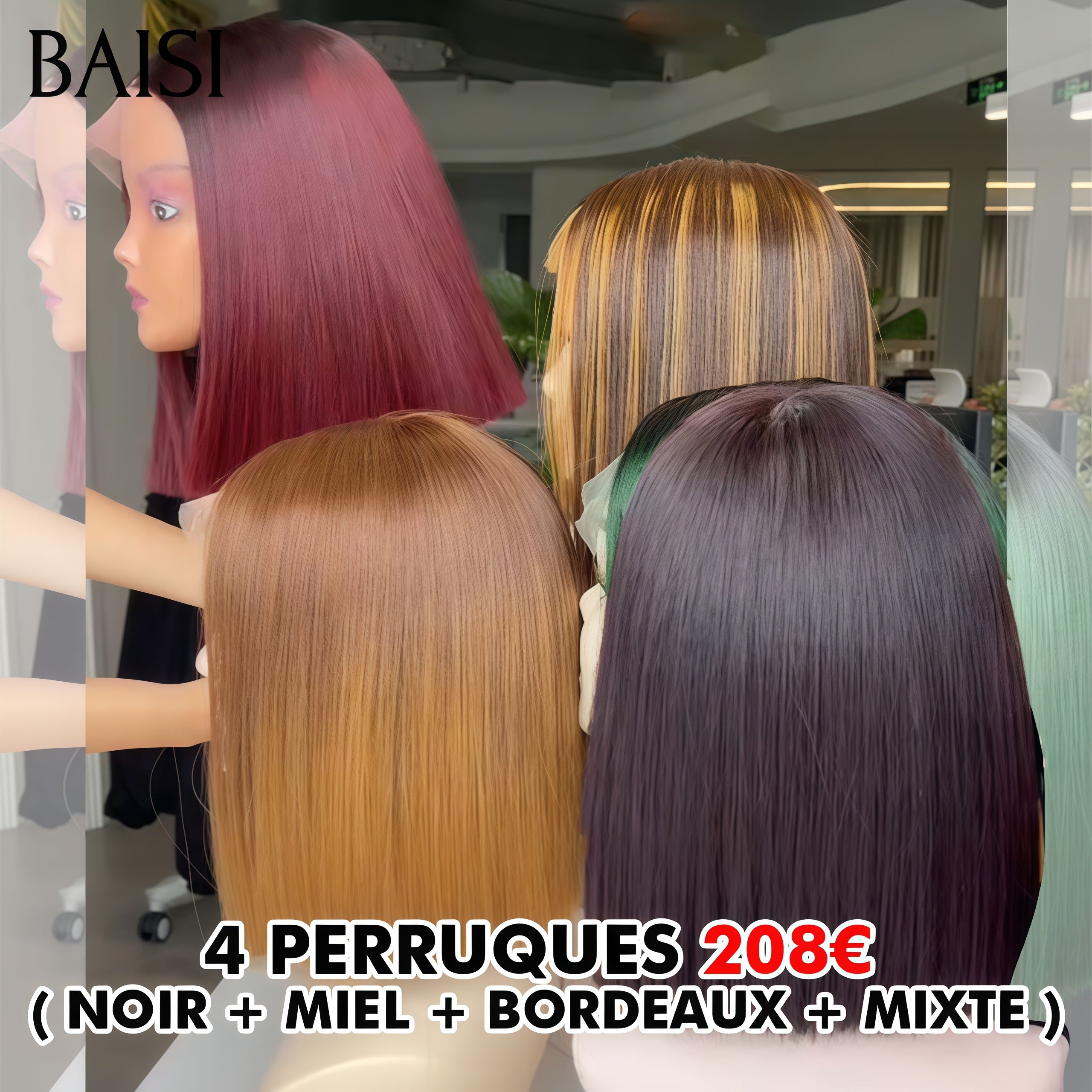 BAISI Offre spéciale 4 perruques 208€ 4 couleurs différentes Noir+Miel+Bordeaux+Mixte 8 pouces en 100% vrais cheveux humains BS120