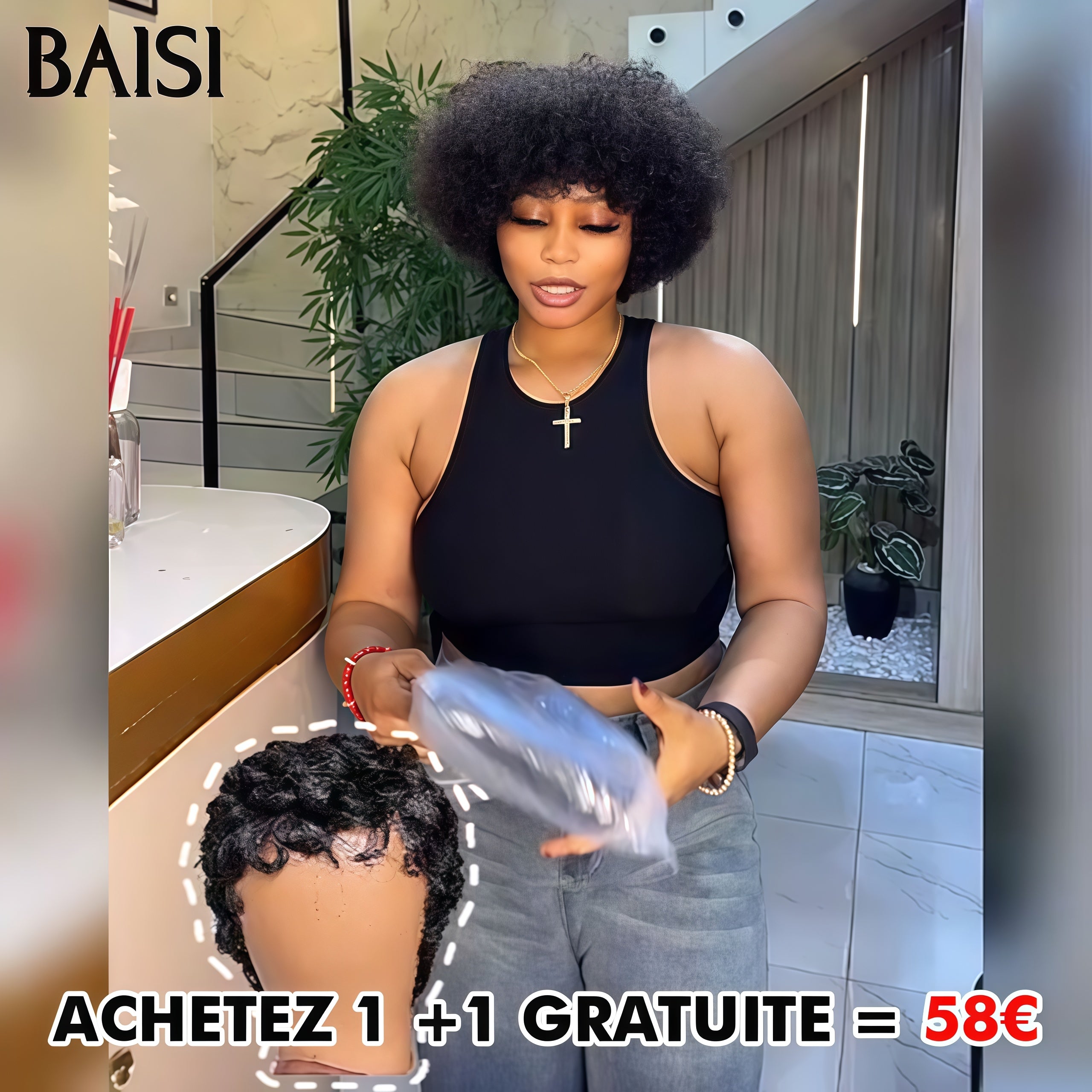 BAISI Achetez 1 +1 Gratuite= 58€ Offre Flash  Pixie Afro et finger wave sans Colle En 100% Cheveux Humains