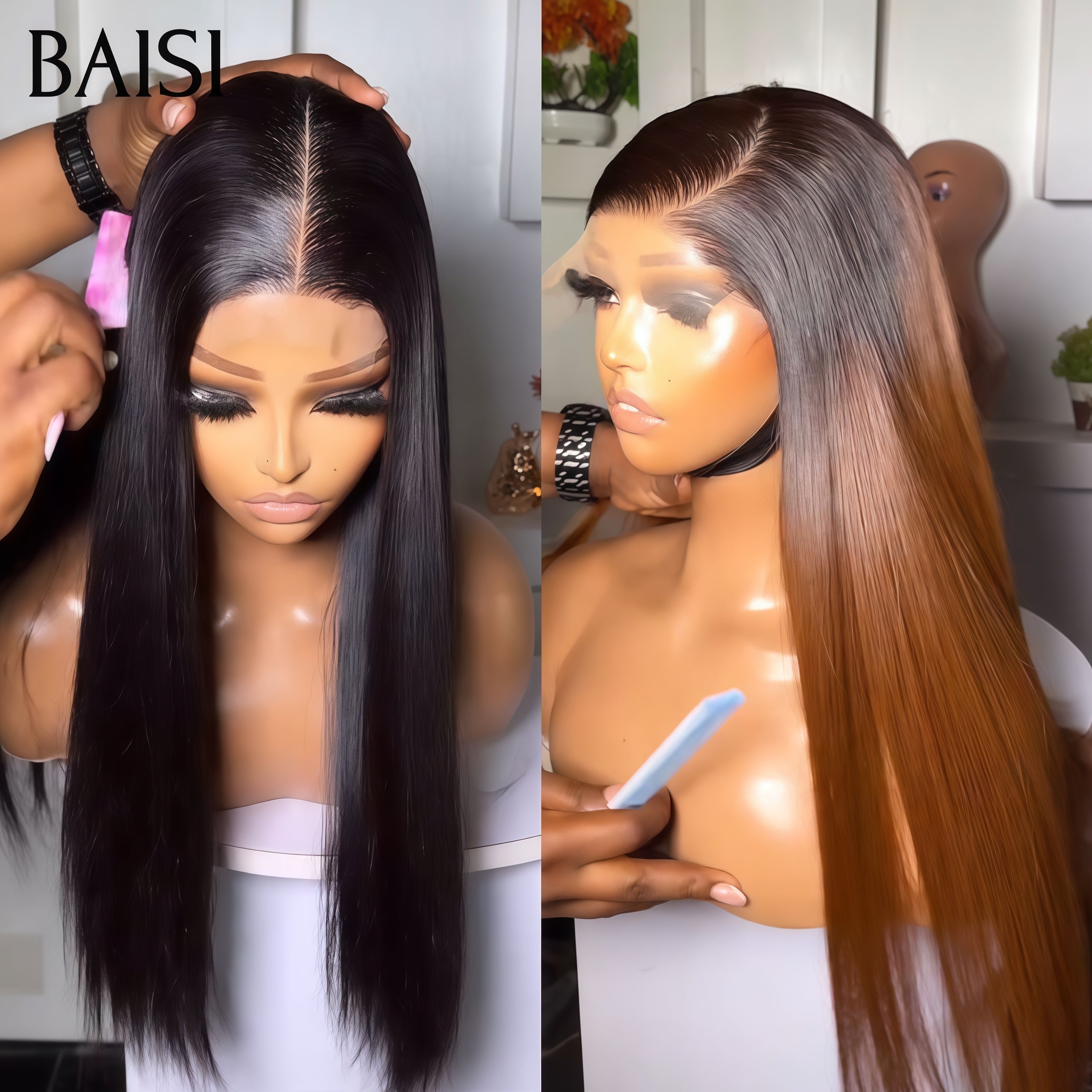 BAISI pour revendre 2 perruques 149€ 13x4 lace frontal Lisse BOB 14 pouces NOIR et brun 4T30#  en 100% vrais cheveux humains