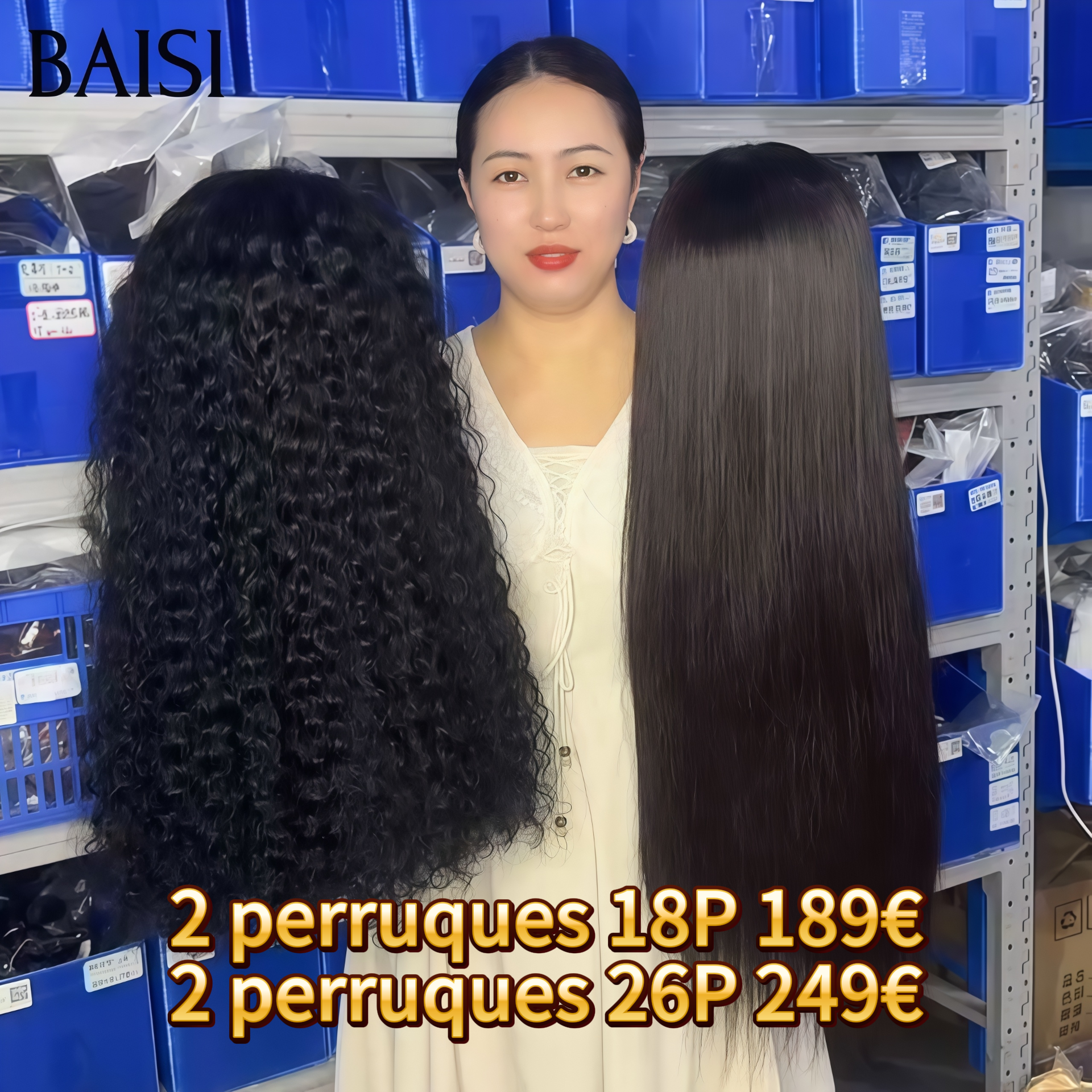BAISI vente flash 2 Perruques 189 euro 4X4 lace curly et lisse 18 pouces ou 2 Perruques 249€ 26 Pouces 13X4 lace frontal curly wave et 4x4 lace closure Lisse en 100% vrais cheveux humains  BS65