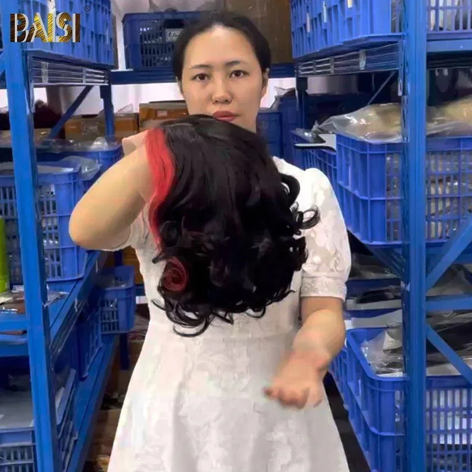 BAISI 13X4  Lace Frontal Perruque Carré Body Wave En couleur Rouge 1b mixte boucle