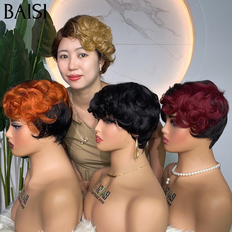 BAISI Pixie perruque chioma finger wave NOIR Avec Frontale 55€ ou En 4 Couleur #4#27 et orange et 99J et noir  160€ sans colle sans lace en 100% Cheveux Humains