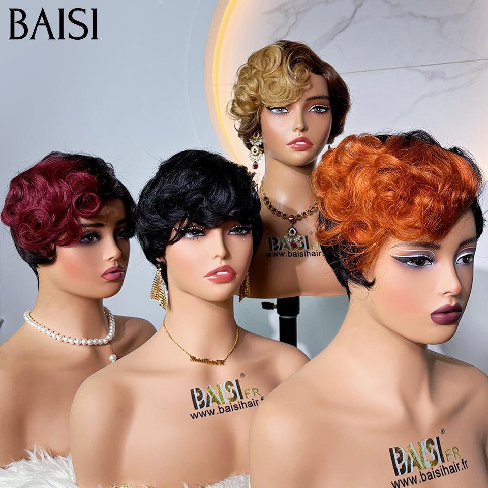 BAISI Pixie perruque chioma finger wave NOIR Avec Frontale 55€ ou En 4 Couleur #4#27 et orange et 99J et noir  160€ sans colle sans lace en 100% Cheveux Humains