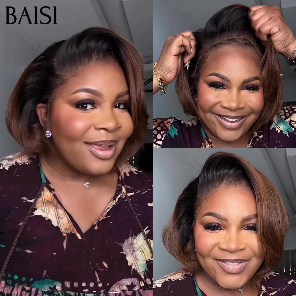 BAISI Offre Flash 76€ 13X4 lace frontal 8 Pouces Lisse Bob ou Pixie Frontale 13x4 lace tranparente 8 Pouce lisse #1BT4 Marron avec Racine noir en 100% cheveux humains