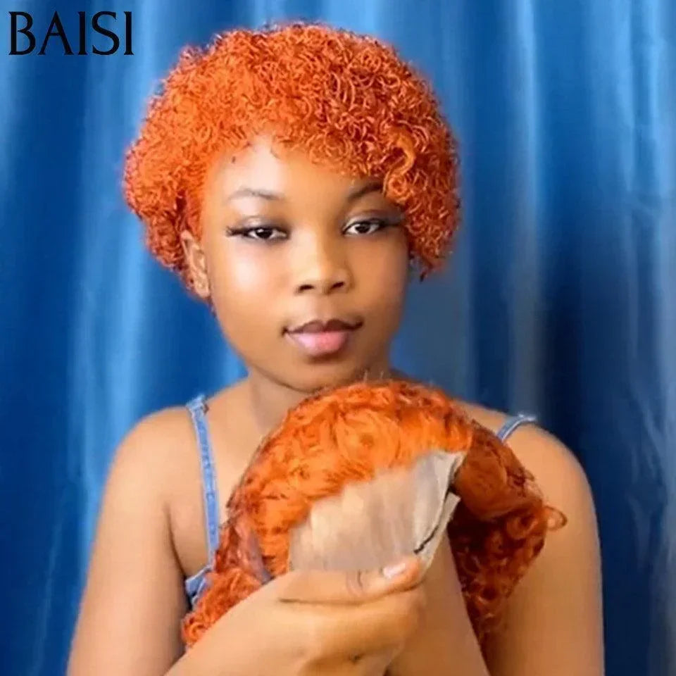 BAISI FLORENCE Parrucca frontale in pizzo Pixie Cut 13x1 Riccia 99J Bordeaux + arancione in veri capelli umani al 100% C