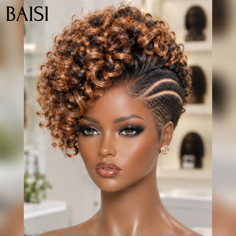 BAISI Full Lace Perruque Pixie Courte Wave 178€ en Couleur Noir et Marron Nouveauté Unique Super Côquête Haute Qualité en 100% cheveux humains