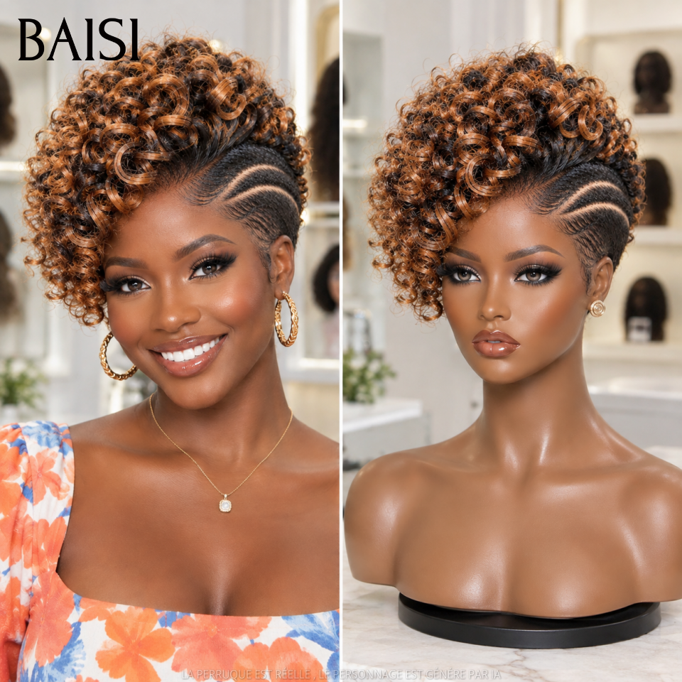BAISI Full Lace Perruque Pixie Courte Wave 178€ en Couleur Noir et Marron Nouveauté Unique Super Côquête Haute Qualité en 100% cheveux humains