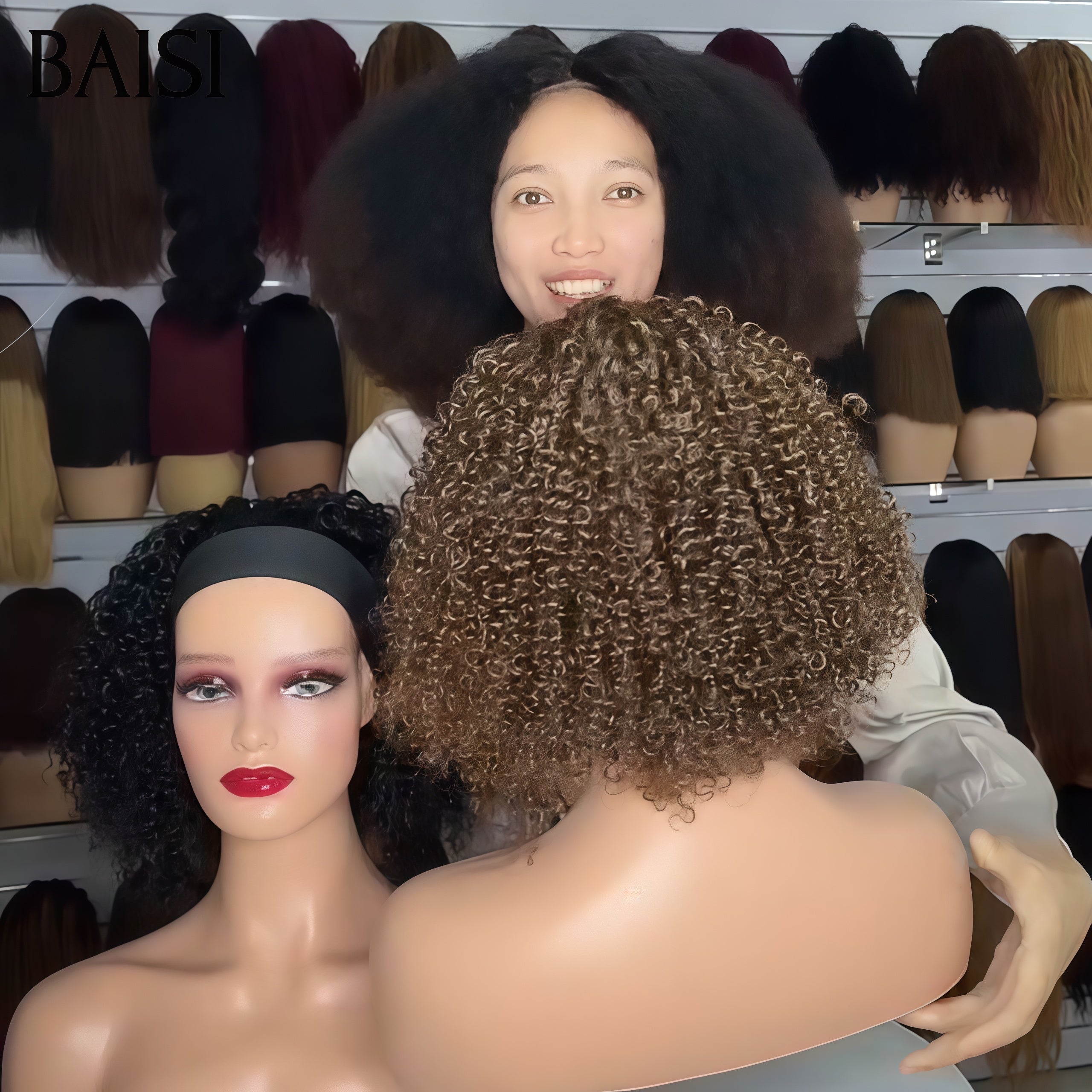 BAISI Perruque Bandeau BOB Sans Colle Sans Lace kinky curly 12 Pouces en Couleur Marron ou Noir et Perruque Afro Kinky 18pouces 400% de Volume en 100% Cheveux Humains