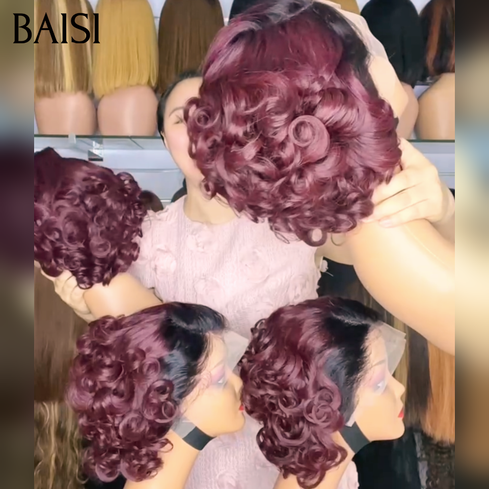 BAISI 13x4 Lace  Perruque BOB Bouclée Wave en couleur Noir et Bordeaux 1B/99J# Très Jolie Boucle  en 100% Cheveux Humains