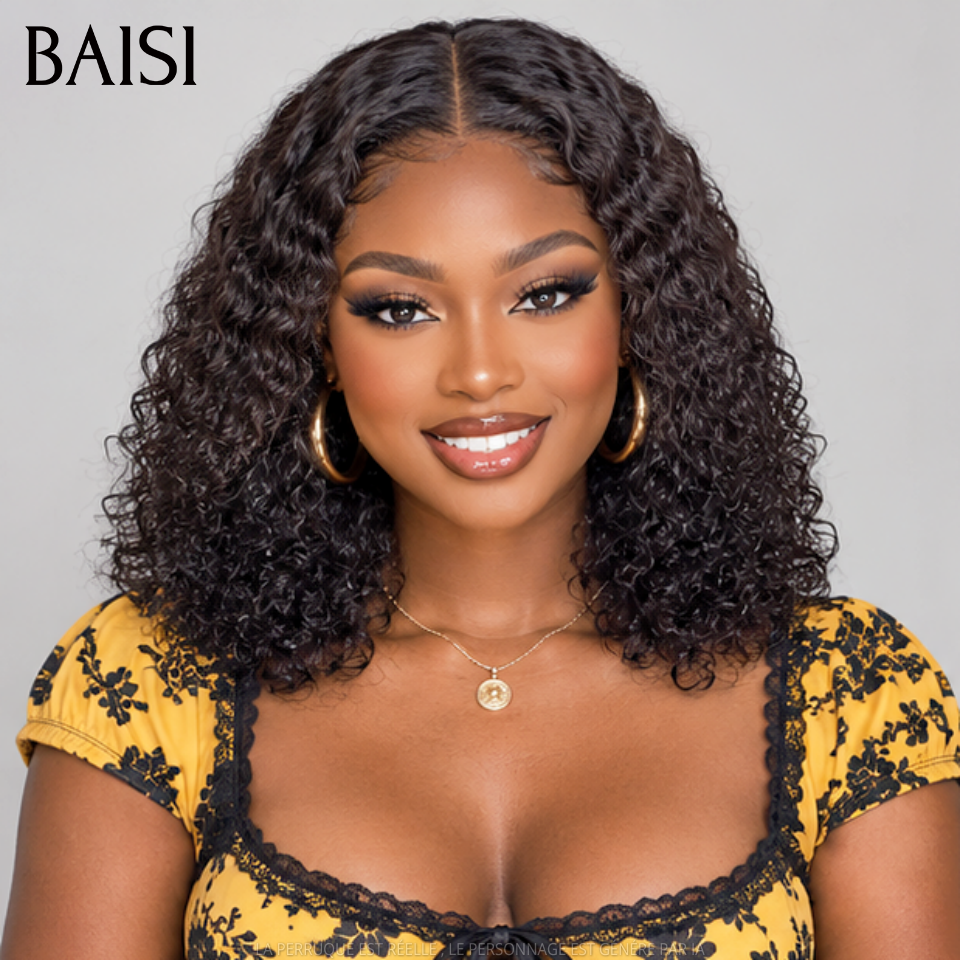 BAISI Grande SOLDES TVA 0€ 300% Densité Sans Colle 4X4 Closure Perruque Naturelle Curly 12 Pouce 95€ Lace déjà couper Facile à Porter en 100% Cheveux Humains FR38