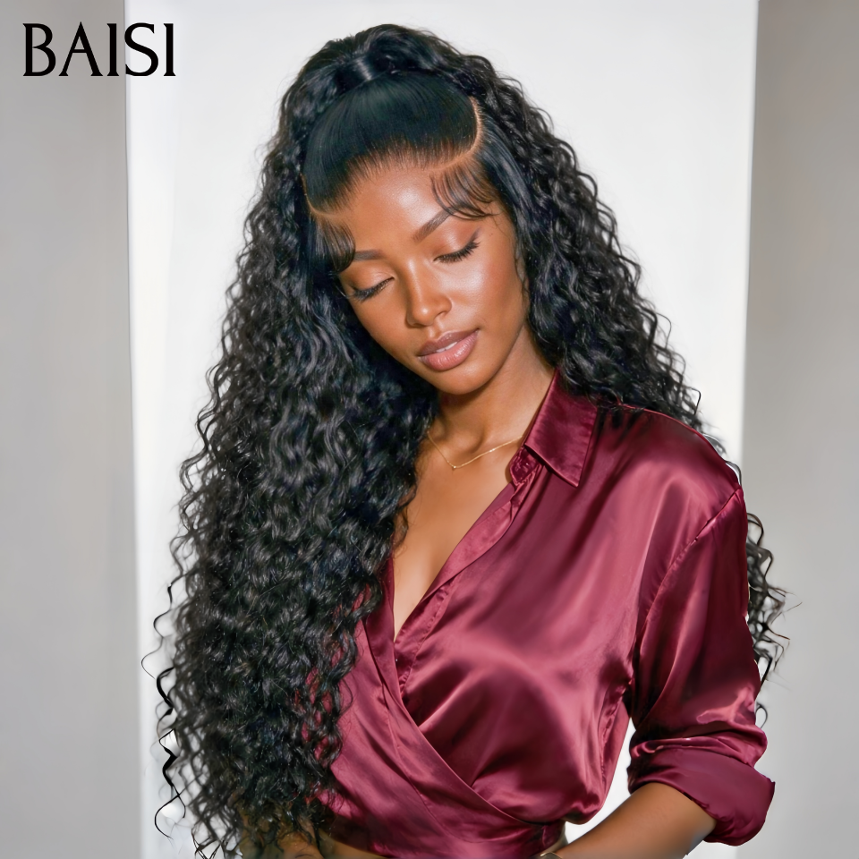 BAISI 13x4 Lace Perruque Coiffée Curly Wave Bouclée Noir 24Pouces 199€ Deja Prête à Porter Pratique et Rapide  en 100% Cheveux Humains