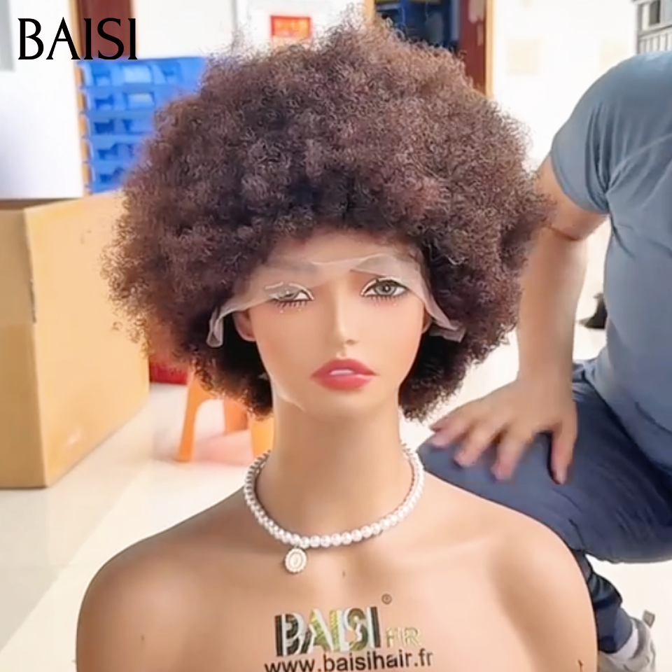 BAISI 13x4 Lace Perruque Bob Afro Marron 4# Bien Touffue 10Pouces 79€  Densité 300% en 100% Cheveux humains