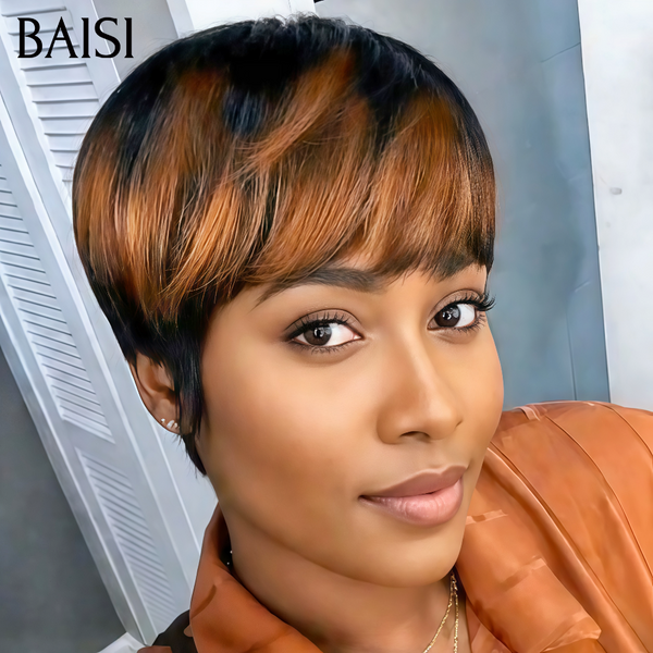 BAISI Perruque Pixie Courte 48€ Prêt à Porter Sans Colle Sans Lace Couleur Marron et Noir 1B/30#  Pour Débutants en 100% Cheveux Humains Fabriqué à la Machine