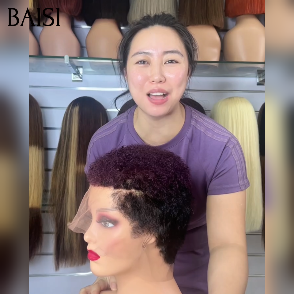 BAISI Full Lace Perruque Pixie Curl Noir Violet 179€ Style A Double Raie de Côté Légèreté et Confort Maximale Toute la Journée en 100% Cheveux humains