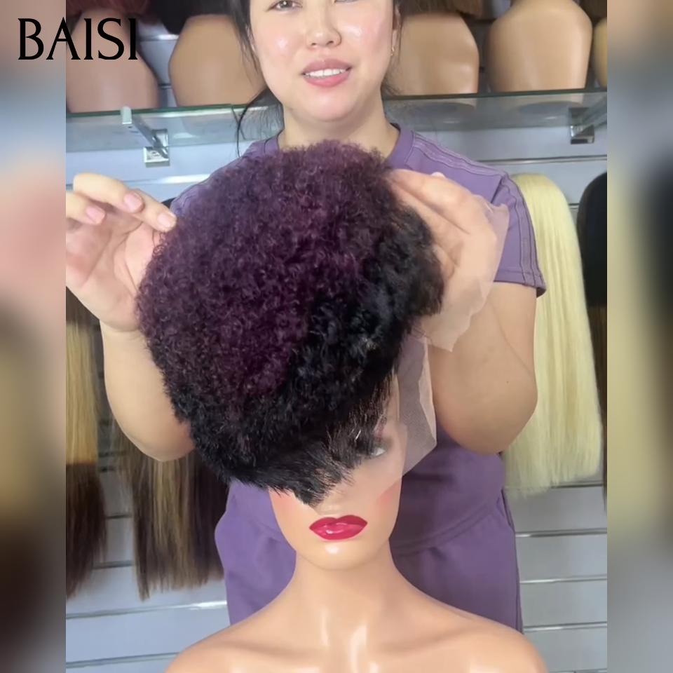 BAISI Full Lace Perruque Pixie Curl Noir Violet 179€ Style A Double Raie de Côté Légèreté et Confort Maximale Toute la Journée en 100% Cheveux humains