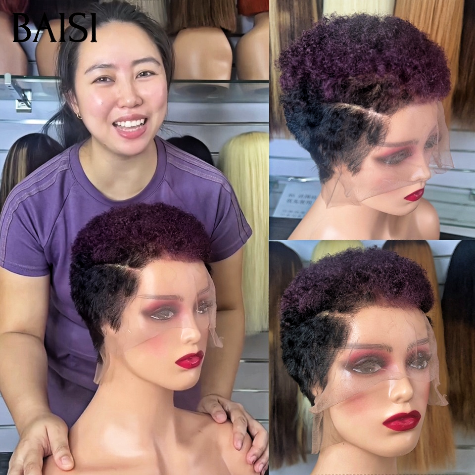 BAISI Full Lace Perruque Pixie Curl Noir Violet 179€ Style A Double Raie de Côté Légèreté et Confort Maximale Toute la Journée en 100% Cheveux humains