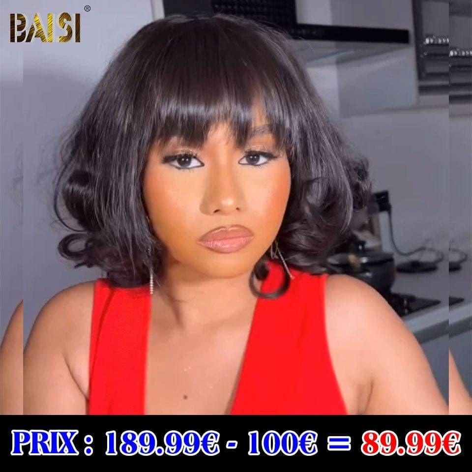 BAISI Bob-Perücke mit Pony, gewellte Körperwelle, 100 % Echthaar