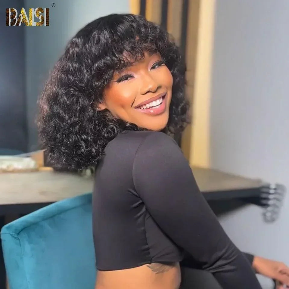 BAISI Perruques Bouclé Deep Wave Avec Frange B 100% Cheveux Humains