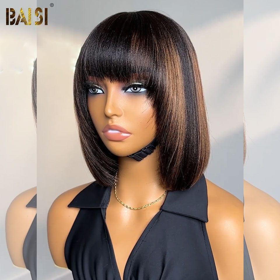 BAISI perruque Bob Lisse Avec Frange 10 pouces en couleur noir et Rouge Bordeaux 99J ou 1Bmix30# en 100% cheveux humains VIP100