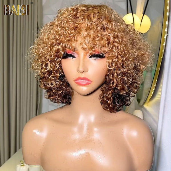 BAISI Achetez 2 perruques minimum au prix d'usine fournisseur Perruque Bouclée curly Wave avec Frange en Couleur NOIR ou  Mixte #4T#27 en 100% Cheveux Humains (Pas Besoins De Code)