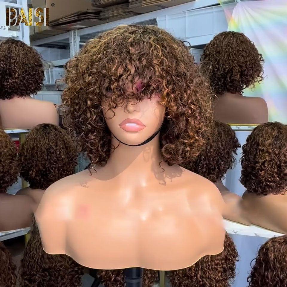 BAISI  Perruque  Bouclée Deep Wave avec Frange 12 Pouces en Couleur 4#mix27#  En 100% Vrais Cheveux Humais  106€ ou 2X6 Lisse Marron 16P 169€ Code : BS120